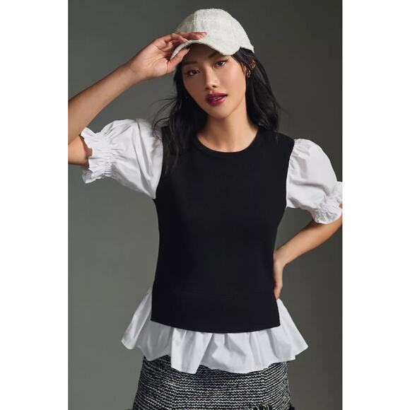 Anthropologie Layered Puff Sleeve Peplum Top XL Black White Preppy Chic - Picture 1 of 9